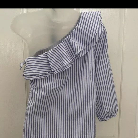NEW wTag-Women’s J.CREW Blue/White Striped One-Shoulder Shirt Sz 8 - Picture 4 of 13